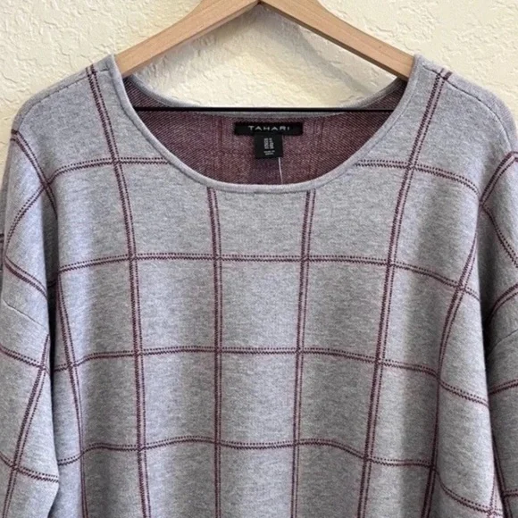NWT TAHARI Pullover Plaid Tunic Knit Sweater Top 3/4 Sleeves Grey Red Women’s 1X - Picture 3 of 8